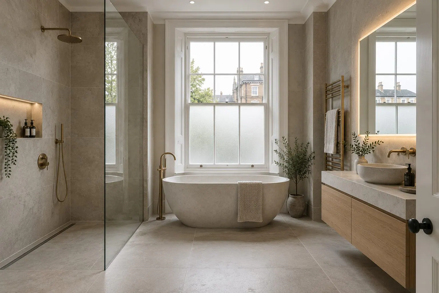 Luxury bathroom with a freestanding stone bath, walk-in shower and brass fittings in a London flat