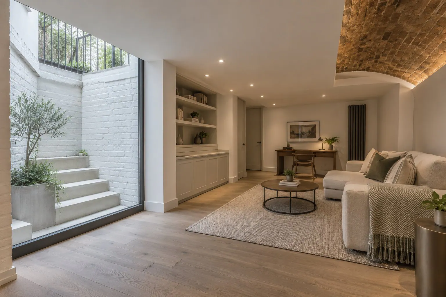 Converted basement family room with a glazed lightwell, white brick walls and the original brick vault kept as a feature