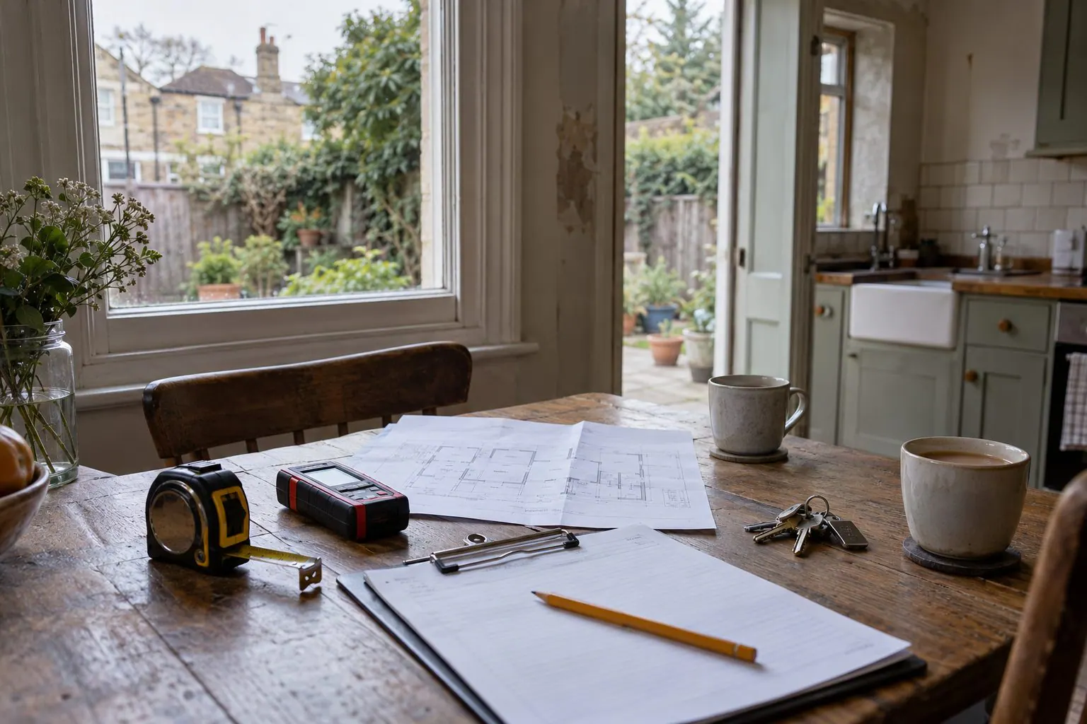 Site-visit kit on a kitchen table: tape measure, laser measure, floor plan, keys and two cups of tea