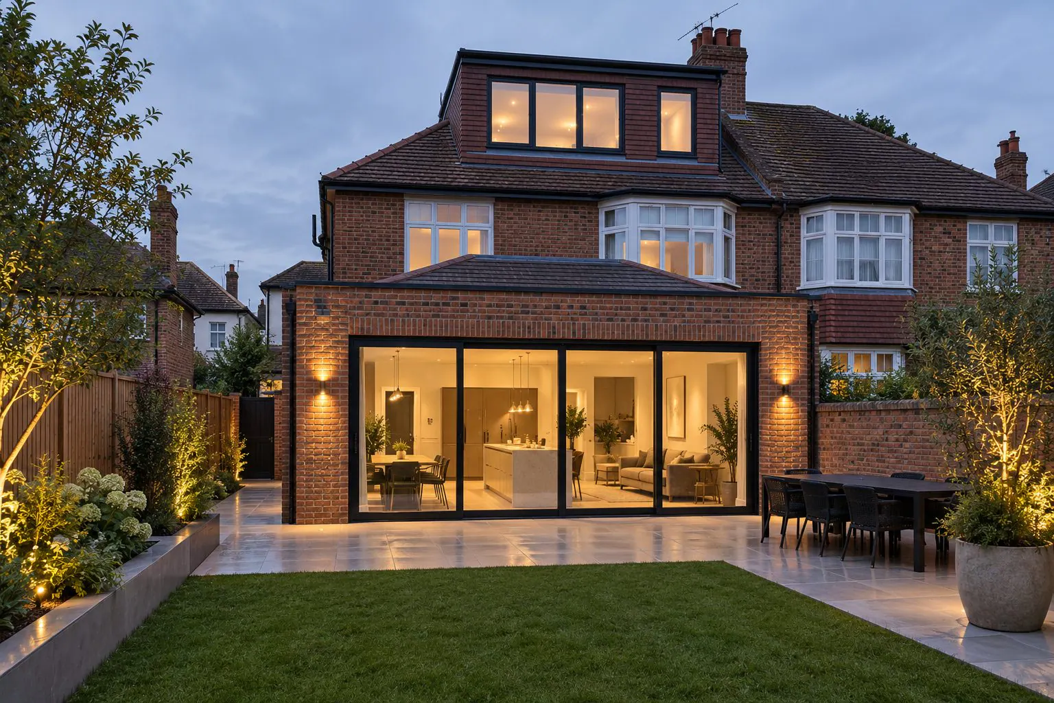 Rear of a London house after an extension and loft conversion, at dusk