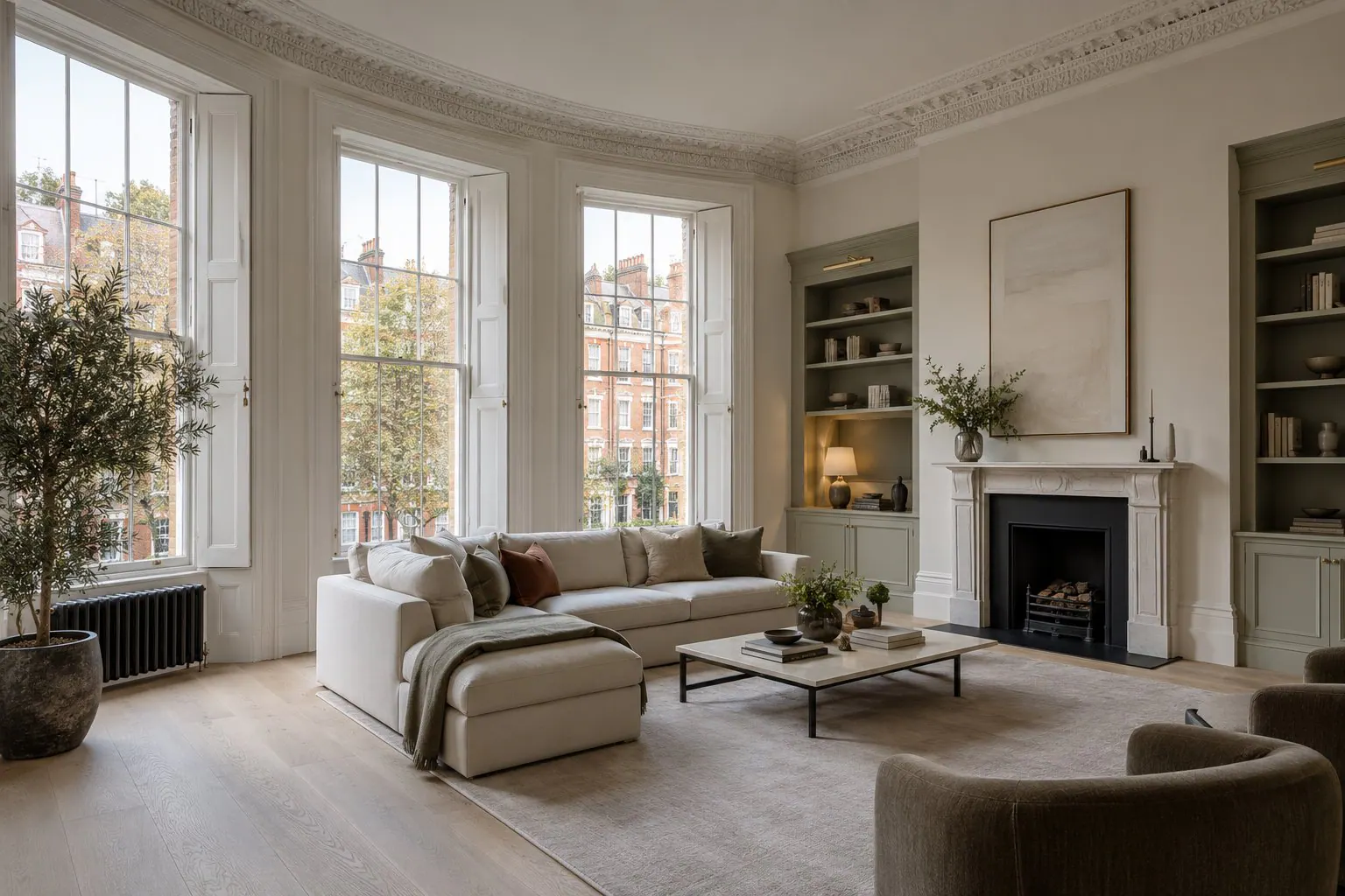Refurbished living room in a red-brick Edwardian mansion flat with tall sash windows and painted alcove joinery