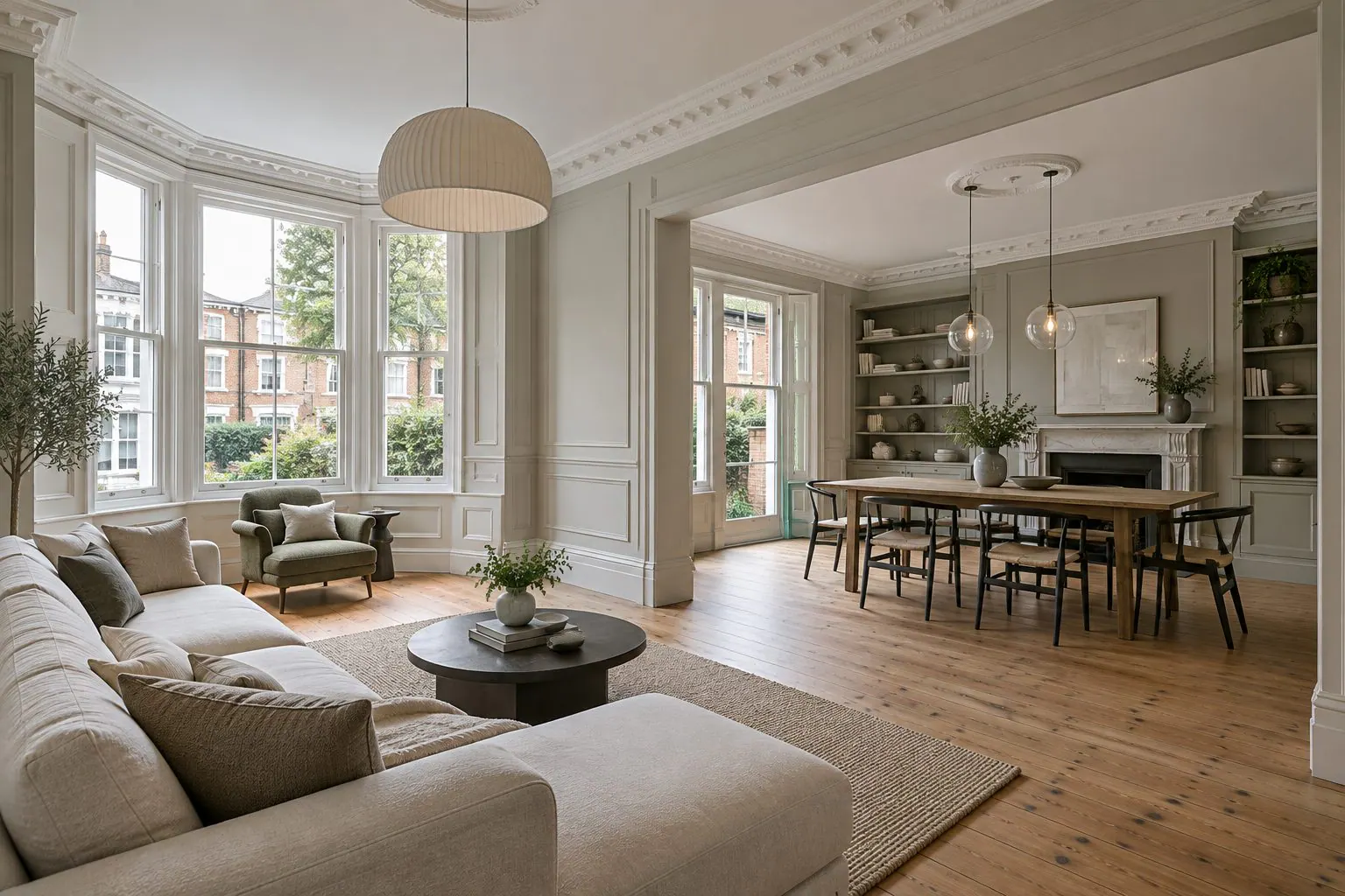 Refurbished London living room with restored cornices and new joinery